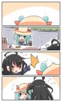  2girls 4koma =3 ahoge animal_ears arm_up azur_lane black_hair black_shirt blue_dress blush_stickers chair chibi closed_eyes comic commentary crossover dress eating flying_sweatdrops food green_eyes green_hair handkerchief hat highres kantai_collection long_hair mikazuki_(azur_lane) mikazuki_(kantai_collection) milk milk_carton mouse_ears multiple_girls namesake one_eye_closed open_mouth shirt shouting silent_comic sitting sketch straw surprised table taiyaki wagashi wiping wiping_face yagami_kamiya 