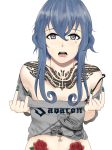  \m/ absurdres blue_eyes blue_hair commentary gotland_(kantai_collection) hair_between_eyes hair_bun helmet highres kantai_collection kilroylw long_hair mole mole_under_eye navel_piercing piercing polearm sabaton_(band) shield shirt solo spear swedish_flag tattoo tongue_piercing weapon 