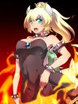  absurdres armlet bangs bare_shoulders black_dress blonde_hair blue_eyes bowsette bracelet breasts cleavage collar commentary_request crown dress dress_lift fire frown gem highres horns jewelry large_breasts lifted_by_self long_hair looking_at_viewer mario_(series) new_super_mario_bros._u_deluxe open_mouth ponytail solo spiked_bracelet spiked_collar spikes strapless strapless_dress super_crown tail torn_clothes torn_dress turtle_shell yasu_(pixiv) 