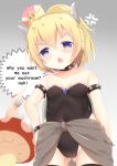  anger_vein ass_visible_through_thighs bangs bare_shoulders black_legwear black_leotard blonde_hair blue_eyes blurry blurry_foreground bowsette bracelet breasts collar collarbone commentary_request covered_navel crown depth_of_field engrish eyebrows_visible_through_hair fang gradient gradient_background grey_background hair_between_eyes hand_on_hip head_tilt high_ponytail highres horns jewelry kittipat_jituatakul leotard looking_at_viewer mario_(series) mini_crown mushroom new_super_mario_bros._u_deluxe open_mouth ponytail ranguage small_breasts solo spiked_bracelet spiked_collar spiked_tail spikes strapless strapless_leotard super_crown tail thighhighs tilted_headwear v-shaped_eyebrows white_background younger 