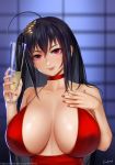  ahoge alcohol azur_lane bangs bare_shoulders black_hair blush breasts champagne champagne_flute choker cleavage cocktail_dress collarbone commentary_request cup dress drinking_glass easonx hair_between_eyes hair_ornament highres holding holding_cup large_breasts lips long_hair looking_at_viewer red_choker red_dress red_eyes shiny shiny_hair shiny_skin smile solo taihou_(azur_lane) very_long_hair wine wine_glass 