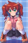  bike_shorts blue_background boots brown_hair commentary_request gloves green_eyes hair_ribbon heart highres jacket looking_at_viewer m.m plaid plaid_background ribbon saru_getchu sayaka_(saru_getchu) shorts smile solo twintails 