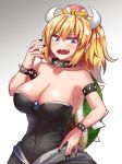  1girl :d armlet armpits bare_arms bare_shoulders black_collar black_dress black_nails blonde_hair blue_eyes blush bowsette bracelet breasts cleavage collar collarbone commentary_request covered_navel crown dress earrings eyelashes eyes_visible_through_hair fingernails forked_eyebrows half-closed_eyes hand_on_own_hip hand_up horns jewelry large_breasts long_fingernails long_hair looking_at_viewer mario_(series) nail_polish new_super_mario_bros._u_deluxe ohitashi_netsurou open_mouth pointy_ears ponytail sanpaku sharp_fingernails sharp_teeth slit_pupils smile solo spiked_armlet spiked_bracelet spiked_collar spikes strapless strapless_dress super_crown teeth thick_eyebrows turtle_shell upper_body v-shaped_eyebrows 