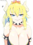  bangs bare_shoulders black_dress blonde_hair blue_eyes boca bowsette breasts collar commentary_request crown dress earrings eyebrows_visible_through_hair hair_between_eyes highres horns jewelry large_breasts long_hair looking_at_viewer mario_(series) mole mole_on_breast new_super_mario_bros._u_deluxe parted_lips ponytail sharp_teeth smug spiked_collar spikes strapless strapless_dress super_crown super_mario_bros. teeth twitter_username upper_body white_background 
