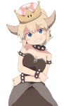  armlet bangs bare_shoulders black_dress blonde_hair blue_eyes blush borrowed_design bowsette bracelet breasts cleavage collar collarbone crown dokan_(dkn) dress earrings eyebrows_visible_through_hair hair_between_eyes horns jewelry looking_at_viewer mario_(series) new_super_mario_bros._u_deluxe open_mouth pointy_ears sharp_teeth simple_background smile spiked_bracelet spiked_collar spikes standing strapless strapless_dress super_crown super_mario_bros. teeth white_background 