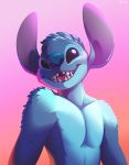  2018 absurd_res alien anthro anthrofied athletic black_eyes blue_fur blue_nose digital_drawing_(artwork) digital_media_(artwork) disney experiment_(species) fluffy fur gradient_background half-length_portrait hi_res lilo_and_stitch male open_mouth open_smile portrait shiuk simple_background smile solo stitch teeth 