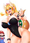  2018 animal_humanoid armband blonde_hair blue_eyes bowser breasts clothed clothing collar crossgender crown duo ear_piercing facial_hair fangs female fire hair human humanoid koopa koopahime leotard mammal mario mario_bros mustache nintendo piercing scalie sharp_teeth shell simple_background solo_focus spiked_collar spikes super_crown teeth video_games white_background wolflong wristband 