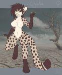  2018 4_toes 5_fingers anthro big_breasts biped breasts cheetah claws desert english_text eyebrows featureless_breasts feline female hair humanoid_hands long_hair looking_at_viewer mammal mysticsolstice navel nude open_mouth standing teeth text toe_claws toes tongue tree waving zeliska 