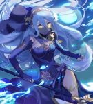  aisutabetao aqua_(fire_emblem_if) axe black_dress blue_hair bow cloud commentary_request dress fingerless_gloves fire_emblem fire_emblem_heroes fire_emblem_if gloves hair_between_eyes highres holding holding_axe jewelry long_hair necklace parted_lips sky solo veil yellow_eyes 