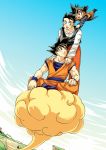  :d black_eyes black_hair boots brothers cloud cloudy_sky commentary crossed_legs day dougi dragon_ball dragon_ball_z father_and_son fingernails flying flying_nimbus hands_on_another's_shoulders light_smile long_sleeves looking_at_another looking_back looking_up male_focus multiple_boys open_mouth outdoors pants pinki_(shounenkakuseiya) red_pants shirt short_hair siblings sitting sky smile son_gohan son_gokuu son_goten spiked_hair standing waistcoat white_shirt wristband 