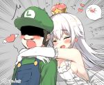  1girl bangs blue_overalls blush boo breasts cleavage closed_eyes commentary_request crown dress earrings eyebrows_visible_through_hair facial_hair flying_sweatdrops frilled_dress frilled_gloves frills ghost gloves green_hat green_shirt hair_between_eyes hat heart hug jewelry large_breasts long_hair luigi luigi's_mansion mario_(series) mustache new_super_mario_bros._u_deluxe open_mouth overalls princess_king_boo sharp_teeth shirt sideboob super_crown super_mario_bros. teeth white_dress white_gloves white_hair yadapot 