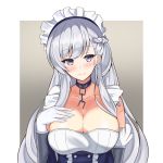  belfast_(azur_lane) braid breasts chain cleavage collarbone commentary eyebrows_visible_through_hair french_braid frills gloves highres large_breasts long_hair luimia maid maid_headdress purple_eyes silver_hair white_gloves white_hair 