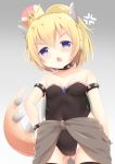  anger_vein ass_visible_through_thighs bangs bare_shoulders black_legwear black_leotard blonde_hair blue_eyes bowsette bracelet breasts collar collarbone covered_navel crown eyebrows_visible_through_hair fang gradient gradient_background grey_background hair_between_eyes hand_on_hip head_tilt high_ponytail highres horns jewelry kittipat_jituatakul leotard looking_at_viewer mario_(series) mini_crown new_super_mario_bros._u_deluxe open_mouth ponytail small_breasts solo spiked_bracelet spiked_collar spiked_tail spikes strapless strapless_leotard super_crown tail thighhighs tilted_headwear v-shaped_eyebrows white_background 