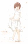  aoki_ume bangs black_hair commentary_request dress eyebrows_visible_through_hair matsuki_miyu no_socks real_life short_hair short_sleeves smile solo white_background white_dress 