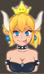  alternate_species blonde_hair blue_eyes bowser bowsette_meme breasts cleavage clothed clothing collar crossgender ear_piercing eyebrows_visible_through_hair eyelashes female hair horn horned_humanoid humanoid jetfrozen jewelry koopahime mario_bros nintendo not_furry piercing ponytail smile solo spiked_armlet spiked_collar spikes super_crown tongue tongue_out video_games 