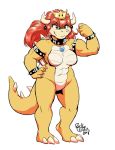  2018 anthro anthrofied bowser bowsette_meme breasts claws crossgender crown ear_piercing featureless_breasts featureless_crotch female green_skin hair horn koopa mario_bros mostly_nude muscular muscular_female nintendo piercing pose red_eyes red_hair rick_griffin scalie signature simple_background smile solo spikes super_crown toe_claws video_games white_background yellow_skin 
