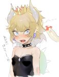 1girl angry bare_arms bare_shoulders black_dress blonde_hair blue_eyes blush bowsette breasts cleavage collar covered_nipples cropped_arms cropped_torso crown dress earrings fangs from_side gem high_ponytail highres horns jewelry lips looking_at_viewer mario_(series) mushroom new_super_mario_bros._u_deluxe ohisashiburi open_mouth pointy_ears ponytail protected_link sapphire_(stone) scowl sexually_suggestive short_pointy_ears sideways_glance simple_background small_breasts solo spiked_collar spiked_shell spikes strapless strapless_dress super_crown sweatdrop thick_eyebrows translated trembling turtle_shell upper_body v-shaped_eyebrows white_background wide-eyed younger 