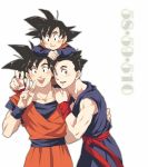  :d arm_rest black_eyes black_hair blush brothers commentary crossed_arms dougi dragon_ball dragon_ball_z eyebrows_visible_through_hair father_and_son fingernails happy long_sleeves looking_at_viewer male_focus multiple_boys number number_pun open_mouth pinki_(shounenkakuseiya) short_hair siblings simple_background sleeveless smile son_gohan son_gokuu son_goten spiked_hair upper_body v white_background wristband 