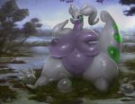 2018 2_fingers 3_toes anthro big_breasts breasts detailed_background female front_view goo_(disambiguation) goodra goomy green_eyes hand_on_breast navel nintendo pok&eacute;mon pok&eacute;mon_(species) pussy signature slightly_chubby smile solo_focus spread_legs spreading swamp sweat taranima thick_tail thick_thighs toes video_games water 