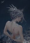  artist_name backless_dress backless_outfit bare_arms bare_shoulders bleeding blood braid closed_mouth commentary crown dragon_wings dress english_commentary feathers from_behind ghostblade grey_hair hair_ornament highres injury patreon_username solo standing wings wlop 
