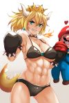  1girl abs ass_visible_through_thighs bikini black_bikini black_gloves blonde_hair blue_eyes bowsette boxing_gloves breasts cabbie_hat cleavage collar collarbone commentary cowboy_shot crown earrings facial_hair fang fire gloves grin hat heart highres horns jewelry large_breasts looking_at_viewer mario mario_(series) muscle muscular_female mustache navel new_super_mario_bros._u_deluxe nonoririn ponytail shirt_pull smile spiked_collar spikes stomach super_crown super_mario_bros. sweat swimsuit tail teeth toned underboob 
