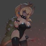  :d black_legwear black_leotard blonde_hair blue_eyes bowsette bracelet breasts chinese cleavage clenched_hand collar eyebrows_visible_through_hair fingernails grey_background horns jewelry large_breasts leotard lizard_tail long_hair looking_at_viewer mario_(series) new_super_mario_bros._u_deluxe one_eye_closed open_mouth pointy_ears sharp_fingernails sharp_teeth slit_pupils smile solo spiked_bracelet spiked_collar spikes standing super_crown tail teeth thighhighs watermark web_address zhaoyebai 