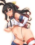  animal_ears areolae bangs black_hair black_panties blush breasts bunny_ears cleavage commentary_request cosplay covered_nipples crop_top eyebrows_visible_through_hair gloves hair_between_eyes hair_ribbon highleg highleg_panties highres kantai_collection large_areolae large_breasts long_hair looking_at_viewer multicolored_hair naganami_(kantai_collection) navel nipples panties partially_visible_vulva pink_hair puffy_nipples pussy ribbon sailor_collar shimakaze_(kantai_collection) shimakaze_(kantai_collection)_(cosplay) simple_background solo striped striped_legwear sweat sweatdrop thighhighs two-tone_hair underwear wavy_hair white_gloves yellow_eyes yoshi_tama 