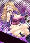  belt black_legwear blonde_hair blush breasts card chain-link_fence cleavage commentary_request cronose crossed_legs fence hair_between_eyes highres holding holding_card jacket kujaku_mai long_hair midriff navel pencil_skirt playing_card purple_eyes purple_jacket purple_skirt purple_sky sitting skirt solo thigh_strap wavy_hair yuu-gi-ou 