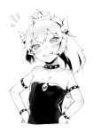  1girl bangs bare_shoulders blush bowsette bracelet breasts collar collarbone commentary cropped_torso crown dress earrings eyebrows_visible_through_hair eyes fangs gem greyscale grin hair_between_eyes hands_on_hips head_tilt high_ponytail highres horns jewelry little_mea looking_at_viewer mario_(series) medium_hair monochrome new_super_mario_bros._u_deluxe parted_bangs pointy_ears ponytail raised_eyebrows sharp_teeth short_pointy_ears simple_background small_breasts smile solo spiked_armlet spiked_bracelet spiked_collar spiked_shell spikes strapless strapless_dress super_crown tail teeth turtle_shell younger 