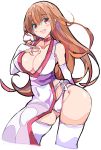  alternate_costume arm_behind_back bangs bare_shoulders blush breast_suppress breasts bridal_gauntlets choker cleavage commentary cropped_legs dead_or_alive enpe eyebrows_visible_through_hair hair_down hand_up highres japanese_clothes kasumi_(doa) large_breasts long_hair ninja open_mouth orange_eyes orange_hair panties pelvic_curtain red_choker round_teeth sash simple_background sleeveless solo standing teeth thighhighs thighs underwear white_background white_legwear white_panties 