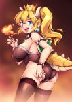  ass bare_shoulders black_nails blonde_hair blue_eyes bowsette breasts crown earrings fire from_side highres horns jewelry large_breasts leotard looking_at_viewer mario_(series) nail_polish new_super_mario_bros._u_deluxe open_mouth pointy_ears ponytail sharp_teeth shell sideboob smile solo spikes super_crown tail teeth thighhighs upper_teeth windart 