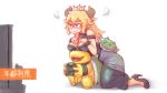 age_difference alternate_species animal_humanoid anthro big_breasts blush boob_hat bowser bowser_jr. bowsette_meme breasts cleavage clothed clothing collar controller crossgender cyp female footwear game_controller high_heels humanoid humanoidized japanese_text koopa koopahime larger_female male male/female mario_bros mother mother_and_son nintendo older_female parent scalie shoes simple_background size_difference smaller_male son spiked_collar spikes super_crown text these_aren&#039;t_my_glasses video_games white_background young younger_male 