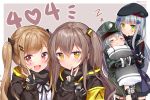  3: 404_(girls_frontline) 4girls :d anger_vein arm_up armband artist_name bangs beret black_gloves blunt_bangs blush brown_background brown_hair closed_eyes closed_mouth collar drooling facial_mark fang fingerless_gloves flush g11_(girls_frontline) girls_frontline gloves green_eyes hair_ornament hair_ribbon hairclip hat hk416_(girls_frontline) holding holding_pillow jacket long_hair looking_at_another looking_at_viewer moorina multiple_girls neck_ribbon one_side_up open_mouth outline pillow pillow_hug red_eyes ribbon scar scar_across_eye scarf sidelocks silver_hair simple_background sleeping sleeves_past_wrists smile twintails ump45_(girls_frontline) ump9_(girls_frontline) v w yellow_eyes zzz 