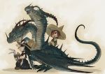  :d animal_ears black_dress commentary_request detached_sleeves dragon dragon_riding dress ears_through_headwear ebimomo fantasy from_side grey_eyes hair_over_one_eye hand_up hat holding multiple_girls open_mouth original red_hair short_hair smile straw witch_hat 