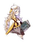  ahoge blonde_hair blue_eyes book breasts center_opening circlet cleavage closed_mouth commentary covered_navel fire_emblem fire_emblem_if highres holding holding_book koi_(fishnbacon) long_hair medium_breasts ophelia_(fire_emblem_if) simple_background solo white_background 