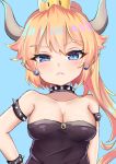  bangs bare_shoulders black_dress blonde_hair blue_background blue_eyes blush bowsette bracelet breasts cleavage closed_mouth collar collarbone commentary_request crown dress eyebrows_visible_through_hair fang fang_out hair_between_eyes hand_on_hip high_ponytail horns jewelry long_hair looking_at_viewer mario_(series) medium_breasts mini_crown new_super_mario_bros._u_deluxe ponytail satori_(ymoy) simple_background solo spiked_bracelet spiked_collar spikes strapless strapless_dress super_crown upper_body 