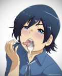  1girl blue_eyes blue_hair blush cum cum_in_mouth kashima_sonora short_hair simple_background solo tokurei_sochi_dantai_stella_jogakuin_c3_bu white_background 