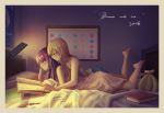  2girls barefoot bed blonde_hair blush book glasses green_eyes long_hair purple_hair short_hair tagme_(character) yurichtofen 