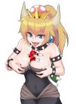  1girl between_breasts blonde_hair blue_eyes bowsette bracelet breasts cleavage collar fangs highres horns jewelry large_breasts long_hair mario mario_(series) miniboy navel new_super_mario_bros._u_deluxe person_between_breasts ponytail seikoru signature spiked_bracelet spiked_collar spikes super_mario_bros. tongue tongue_out 