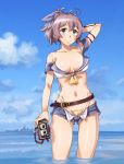  ahoge aoba_(cruiser) aoba_(kantai_collection) arm_strap bangs bikini bikini_tan blue_eyes blue_shorts blue_sky blush camera closed_mouth commentary_request cruiser day eyebrows_visible_through_hair groin hair_between_eyes hair_ornament hand_behind_head highleg highleg_bikini holding holding_camera imperial_japanese_navy kantai_collection long_hair looking_at_viewer messy_hair military military_vehicle navel ocean open_mouth outdoors ponytail purple_hair rolleiflex sameha_ikuya scrunchie ship short_shorts shorts sidelocks signature sky smile solo stomach swimsuit tan tanline thighs twin-lens_reflex_camera unbuttoned_pants wading warship water watercraft yellow_bikini 