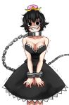  :d bare_shoulders black_dress black_eyes black_hair bound bound_arms breasts chain cleavage collar collarbone commentary crown cuffs dress english_commentary eyebrows_visible_through_hair grin large_breasts looking_at_viewer mario_(series) new_super_mario_bros._u_deluxe open_mouth princess_chain_chomp shackles sharp_teeth short_hair simple_background smile solo strapless strapless_dress super_crown teeth trembling twrlare white_background 