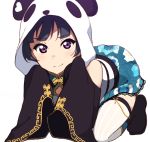  all_fours bad_id bad_pixiv_id bangs black_footwear blue_hair blue_skirt chinese_clothes detached_sleeves highres icehotmilktea looking_at_viewer love_live! love_live!_sunshine!! panda_hood purple_eyes simple_background skirt sleeves_past_fingers sleeves_past_wrists smile solo thigh_strap thighhighs tsushima_yoshiko white_background white_legwear 