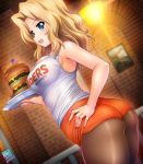  american_flag ass bare_shoulders black_legwear blonde_hair blue_eyes blush brand_name_imitation breasts clothes_writing commentary_request employee_uniform food from_behind girls_und_panzer hamburger hooters indoors kamogawa_tanuki kay_(girls_und_panzer) large_breasts long_hair looking_at_viewer mini_flag open_mouth pantyhose pantyhose_under_shorts shiny shiny_hair shiny_skin short_shorts shorts sleeveless smile solo uniform waitress 