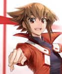  :d black_shirt brown_eyes brown_hair hair_between_eyes highres jacket looking_at_viewer male_focus open_clothes open_jacket open_mouth outstretched_arm red_jacket shirt smile solo ts422 upper_body yuu-gi-ou yuu-gi-ou_gx yuuki_juudai 