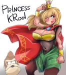  1girl blonde_hair bracelet brown_hair cape clenched_hand crown diz_(diznaoto) donkey_kong donkey_kong_(series) fang genderswap genderswap_(mtf) highres jewelry king_k._rool long_hair mario_(series) open_mouth pantyhose red_cape super_crown super_mario_bros. 