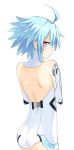  ass bare_shoulders blue_hair blush butt_crack cowboy_shot elbow_gloves from_behind gloves hands_up highres leotard looking_back neptune_(series) red_eyes short_hair_with_long_locks simple_background skin_tight solo symbol-shaped_pupils white_background white_heart white_leotard zero_(ray_0805) 