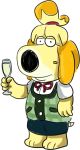  2018 ambiguous_gender animal_crossing anthro brian_griffin canine clothed clothing dog family_guy floppy_ears front_view fur fusion isabelle_(animal_crossing) mammal mengos multicolored_fur nintendo rosy_cheeks shih_tzu simple_background skirt standing video_games white_background yellow_fur 