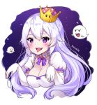  blush boo breasts cleavage crown elbow_gloves eyebrows_visible_through_hair ghost_pose gloves hey_xander highres large_breasts long_hair looking_at_viewer luigi's_mansion mario_(series) new_super_mario_bros._u_deluxe open_mouth princess_king_boo puffy_short_sleeves puffy_sleeves purple_eyes short_sleeves smile solo super_crown teeth tongue tongue_out white_gloves white_hair 