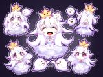  :&gt; :p boo chibi closed_eyes commentary_request covering_face crown detached_sleeves dress ghost gradient gradient_background hair_between_eyes highres long_hair luigi's_mansion mario_(series) multiple_persona new_super_mario_bros._u_deluxe princess_king_boo purple_eyes smile super_crown tearing_up tongue tongue_out v_arms white_dress white_hair yitsune_melody 
