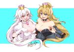  2girls aqua_eyes azaikisan blonde_hair bowsette breasts choker cleavage crown elbow_gloves genderswap gloves horns long_hair pink_eyes pointed_ears ponytail princess_king_boo signed super_mario_bros white_hair 